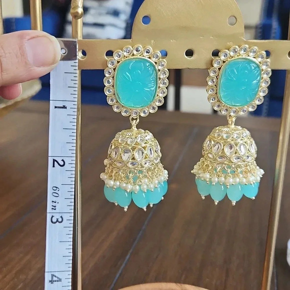 Bollywood Style Carved Blue and Gold Jhumkas - Picture 8 of 8